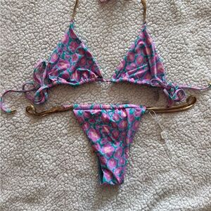 Beach Bunny Pink and Teal Floral Triangle Bikini